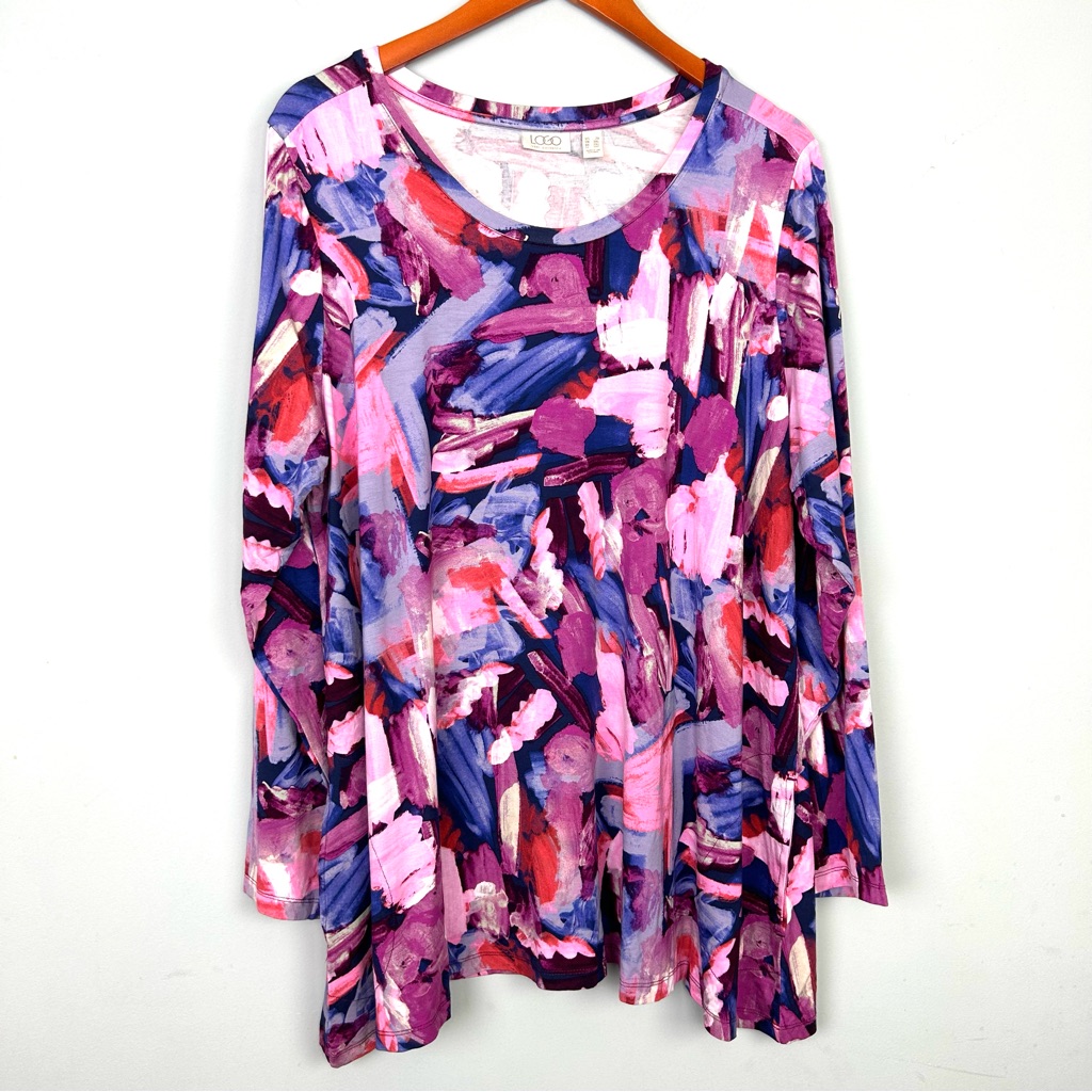 Logo By Lori Goldstein 2x Bambi Purple Abstract Long Sleeve Tunic Top
